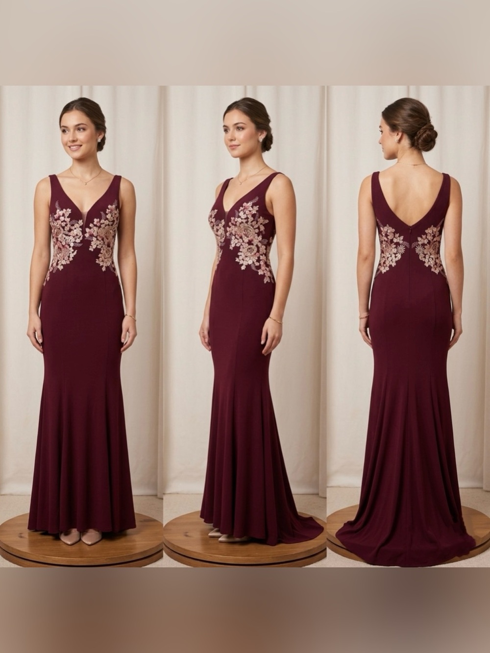 Xscape Burgundy Maxi Dress with Blush Floral Appliqué